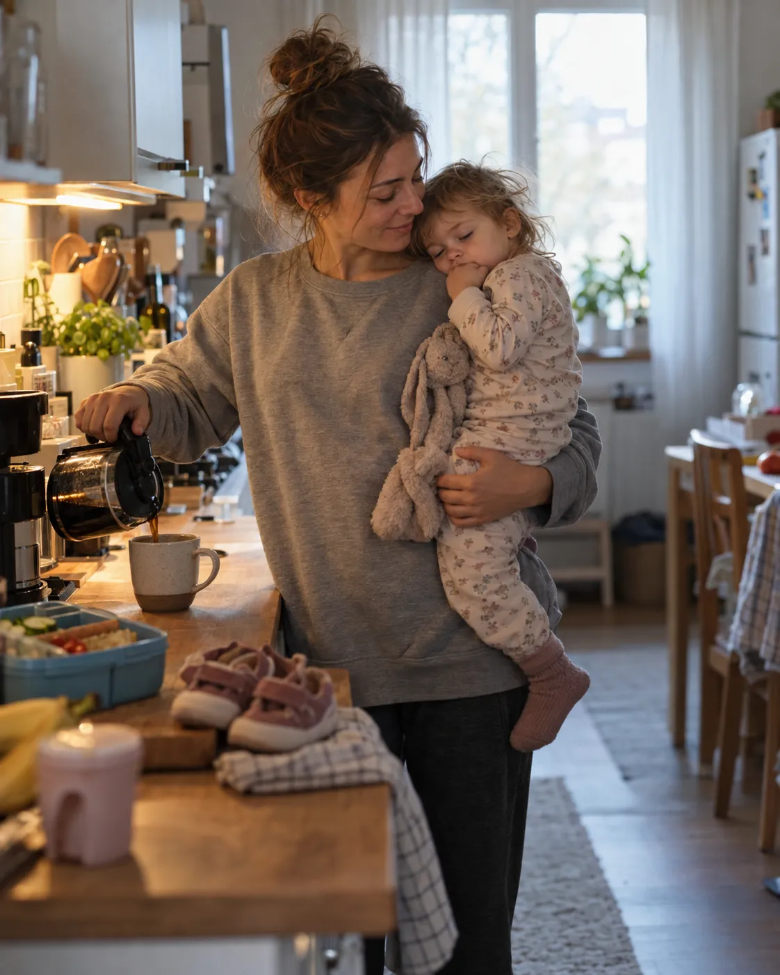 Mutter gießt sich morgens Kaffee ein, das müde Kleinkind auf dem Arm