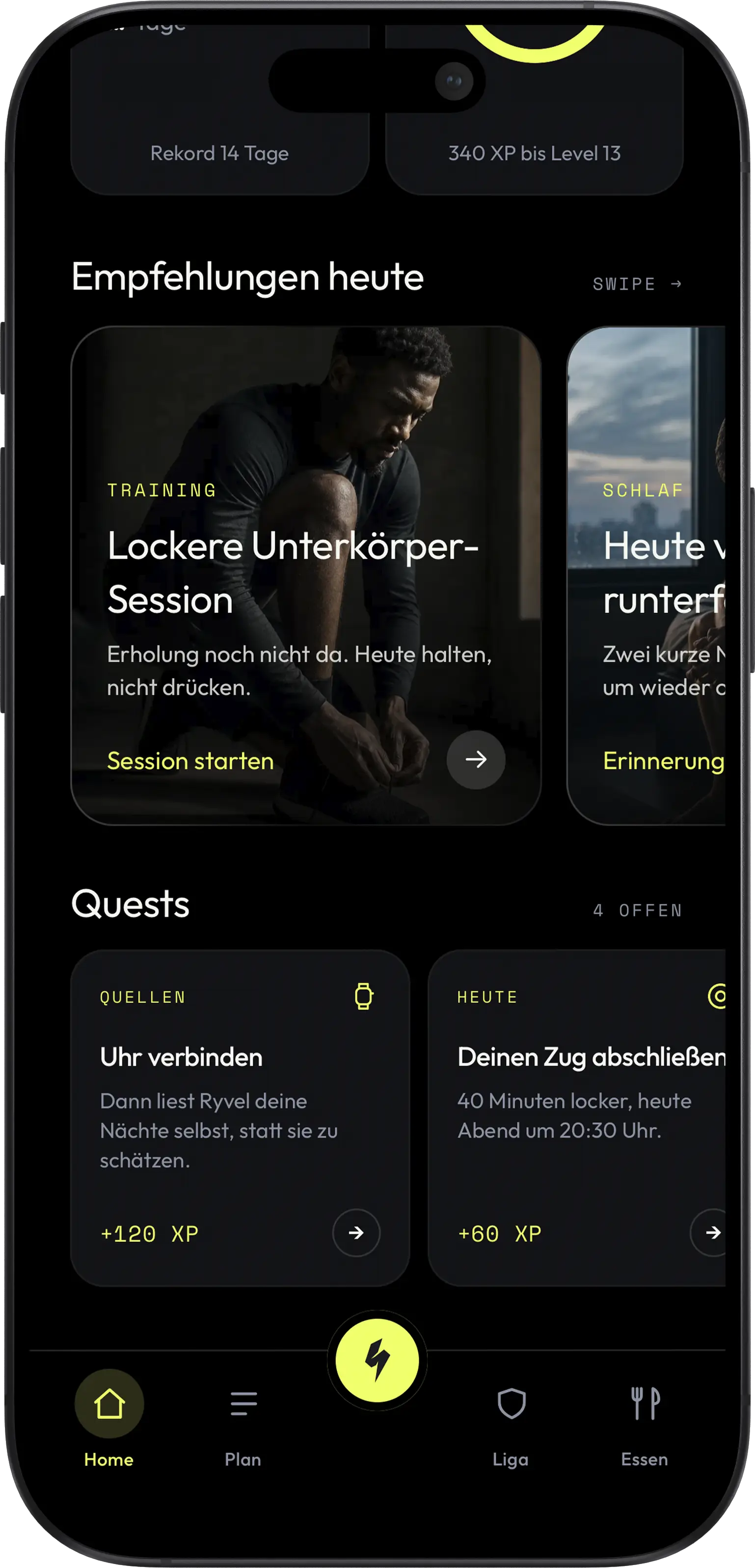 RYVEL Home Screen mit Empfehlungen und lockerem Unterkörpertraining