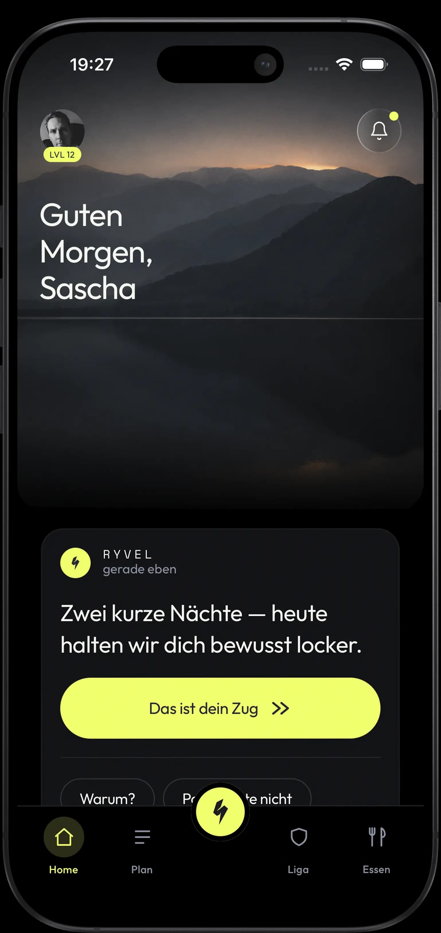 RYVEL Home Screen mit Begrüßung, Empfehlung und Navigation