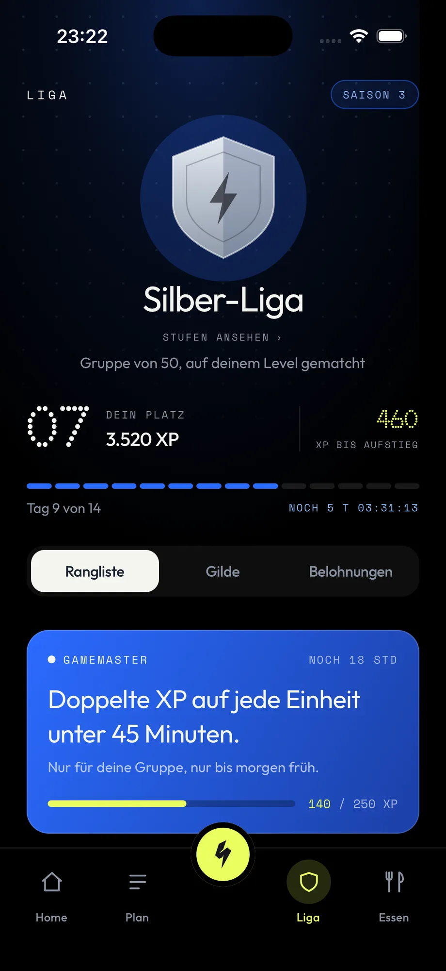 RYVEL Liga-Ansicht: Silber-Liga mit Platzierung, XP-Stand und Gamemaster-Event