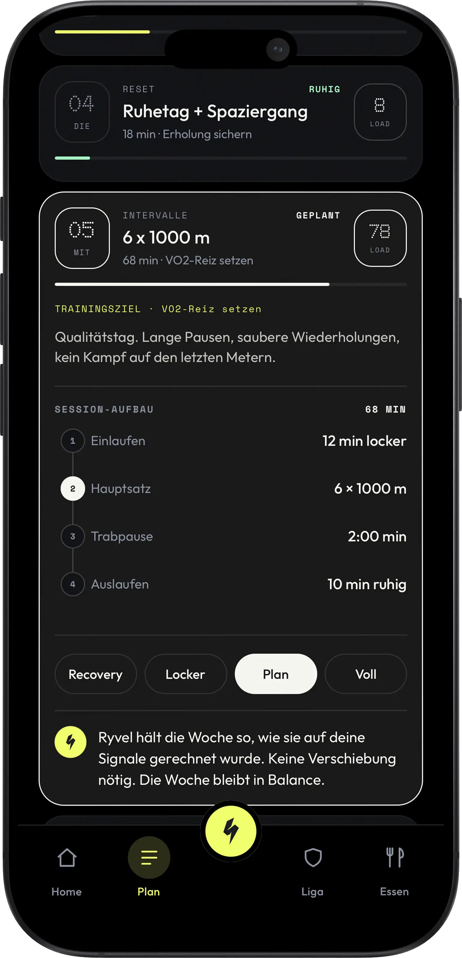 RYVEL Trainingsplan mit Belastung und angepasster Einheit